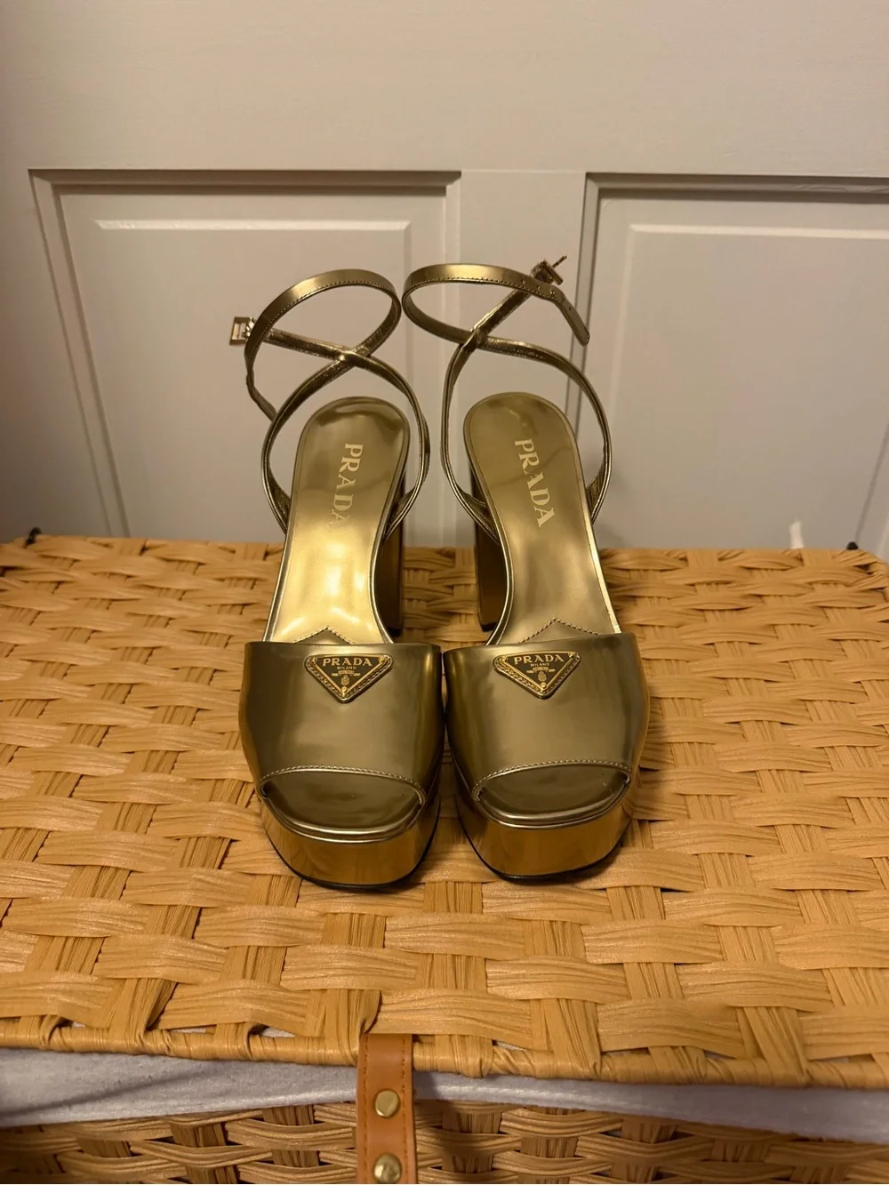 Prada Metallic Gold Platform Ankle-Strap Sandals